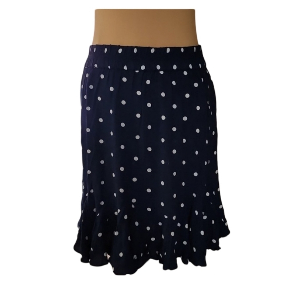 Loft Navy Blue Polka-dot Pull-on 100% Rayon Mini Skirt Women's Medium